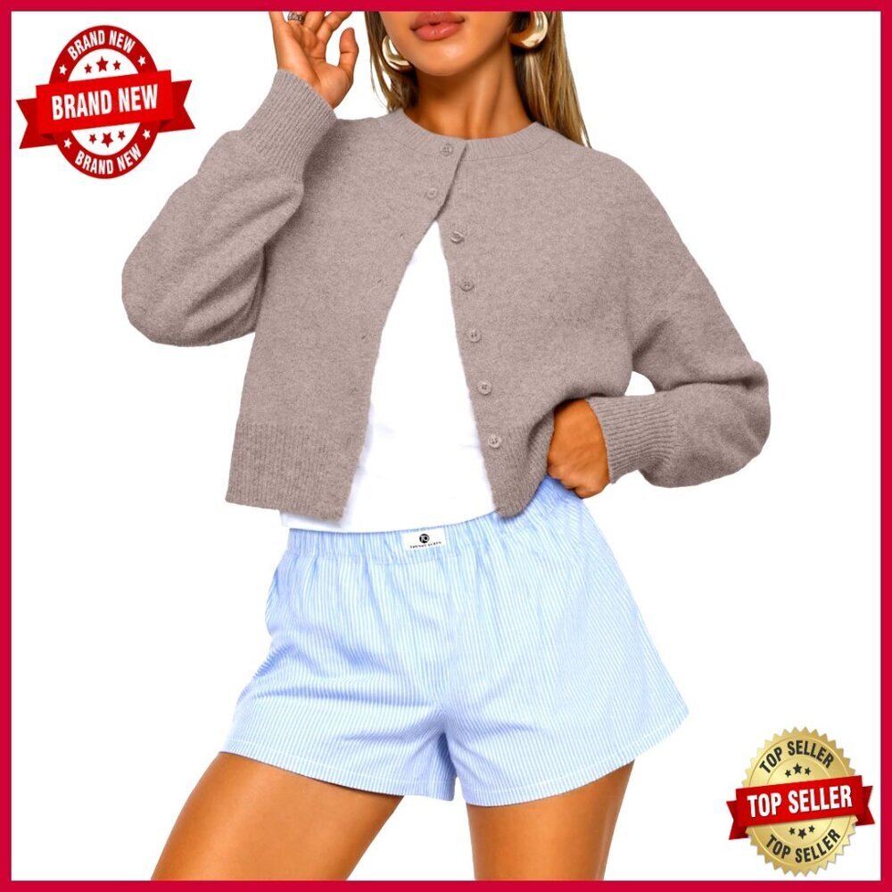 Lightweight Cropped Cardigan Sweater Slim Fit Button Front Long Sleeve